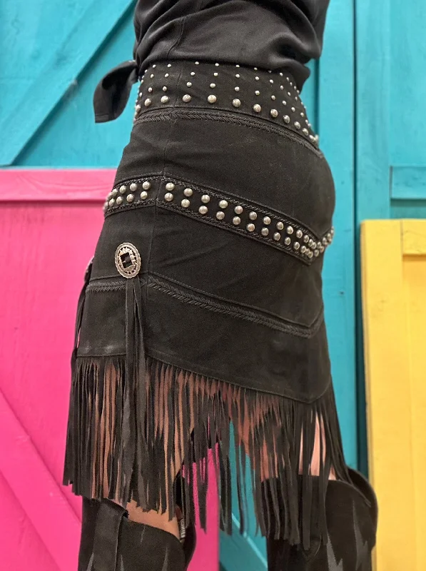 Scully Women's Black Suede Concho and Stud Fringed Skirt  L1106