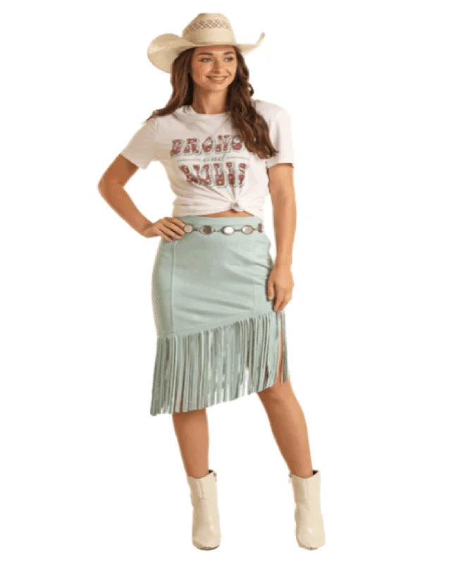 Rock & Roll Cowgirl Women's Light Turquoise Asymmetrical Fringe Microsuede Skirt BW69B03278-TQ