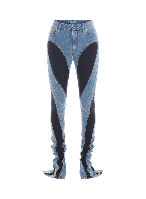 dark blue slited bi-material spiral jeans