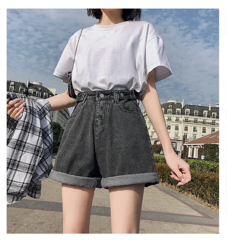 KittenAlarm - High Waist Button Wide Leg Shorts Jeans