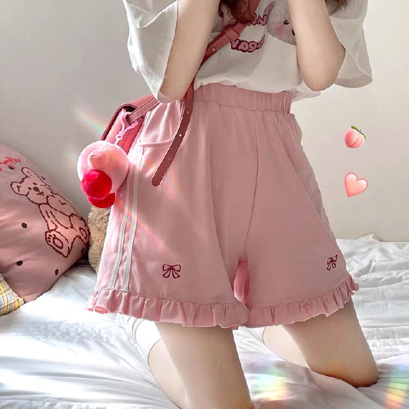 KittenAlarm - Kawaii Bow Embroidered Ruffle Shorts