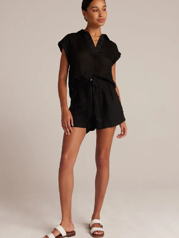 Belted Pleat Front Linen Short - Black