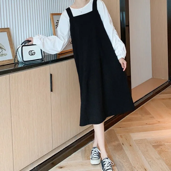 NiDELL . Autumn Fashion Two-Piece Suit New Fashion Mom Korean Style Long-Sleeved Shirt Mid-Length Suspender Dress Fashion