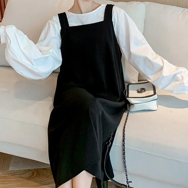 NiDELL . Autumn Fashion Two-Piece Suit New Fashion Mom Korean Style Long-Sleeved Shirt Mid-Length Suspender Dress Fashion