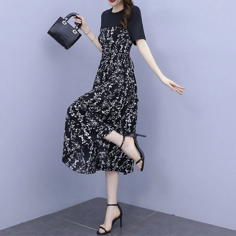 NiDELL Dress . Women's Summer New Hepburn Style Mid-Length Stitching Floral Skirt Temperament High Waist Slimming Dress Summer