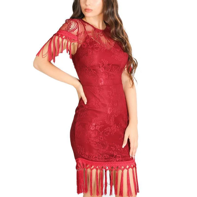 NiDELL Foreign Trade Cross-Border Amazon EBay Large Size Dress Chinese Lace Tassel See-through Mesh Cinched Hip Skirt