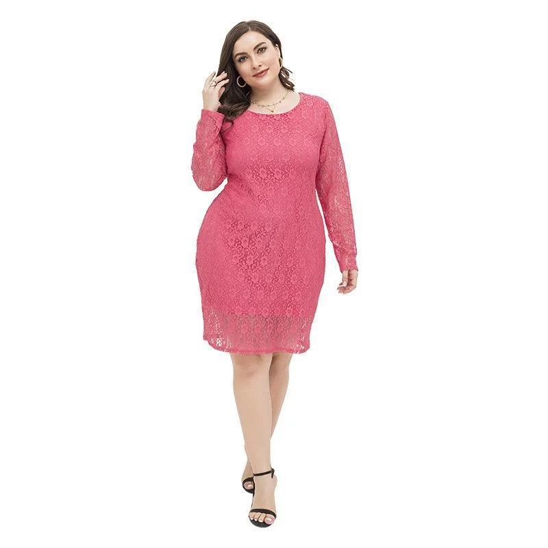 NiDELL Foreign Trade Cross-Border European and American plus Size Women's Clothes Long-Sleeved Lace Solid Color Slim-Fit Sheath Foreign Trade Dress Fx200005