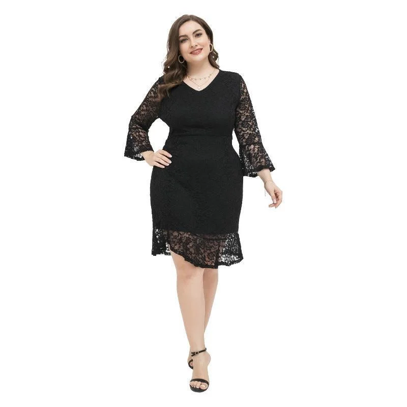 NiDELL Foreign Trade Europe and America Cross Border Large Size Women's Clothing Medium Long Sleeve Sexy Slim Black Lace Foreign Trade Dress Fx200026