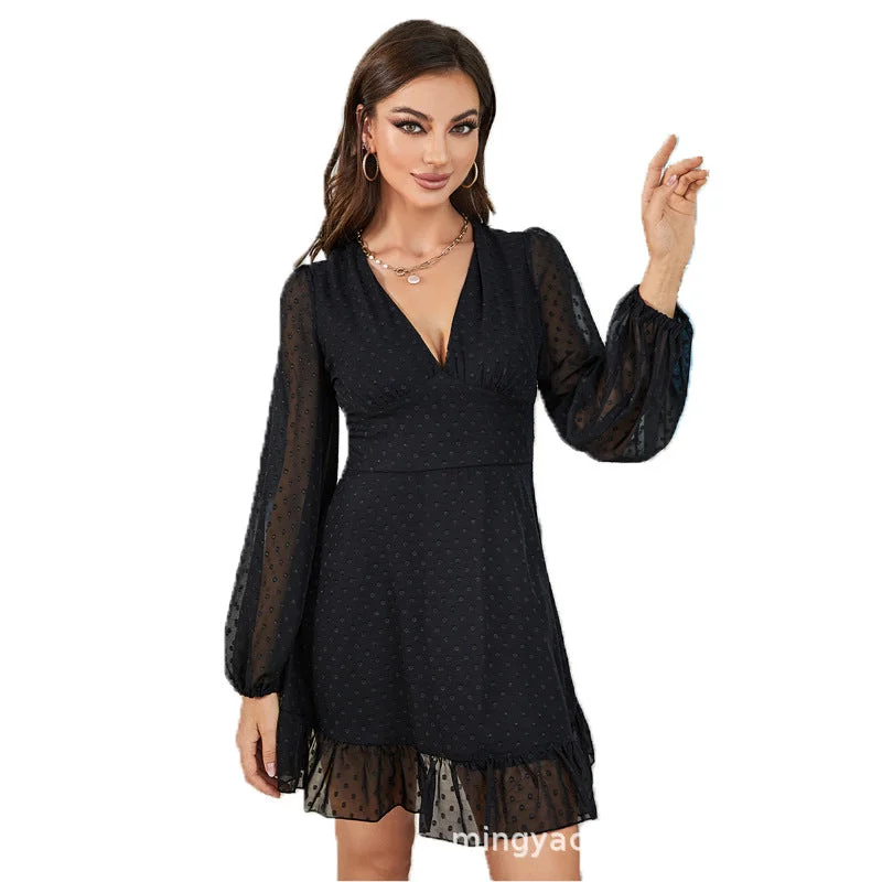 NiDELL LQ-220409 European Station European and American Women's Clothing New . Autumn New Polka Dot V-neck Long-Sleeve Dress