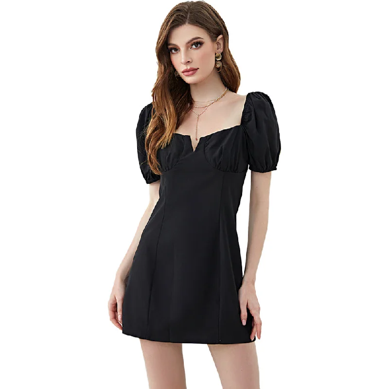 NiDELL LQ-220477 European and American Women's Clothing Fashion . Summer New Solid Color Square Collar Puff Sleeve Dress Spot