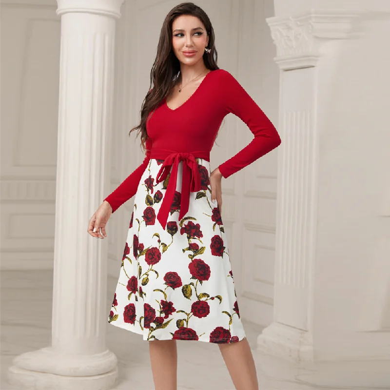 NiDELL LQ-220827 Fashion . Autumn New European and American Women's Clothing Party Gathering Casual High Waist V-neck Dress