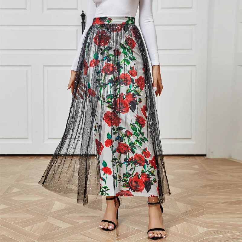 NiDELL MXZ-26 Fashion Autumn New European and American Women's Clothing Elegant Casual Mesh Floral Print Skirt in Stock