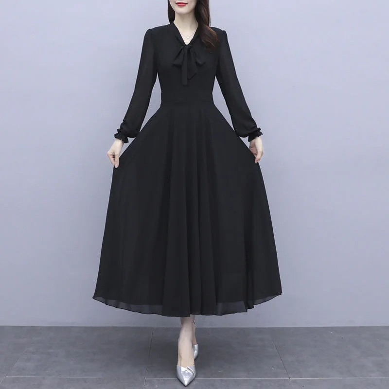 NiDELL . New Female Long Sleeve Tie-Neck Slim-Fit Slimming Solid Color Chiffon Dress Long Holiday Travel Large Swing Dress