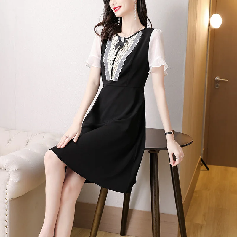 NiDELL One Piece Dropshipping Chiffon Short-Sleeved Dress . Summer Belly Covering Middle-Aged Mid-Length A- line Little Black Dress in Stock