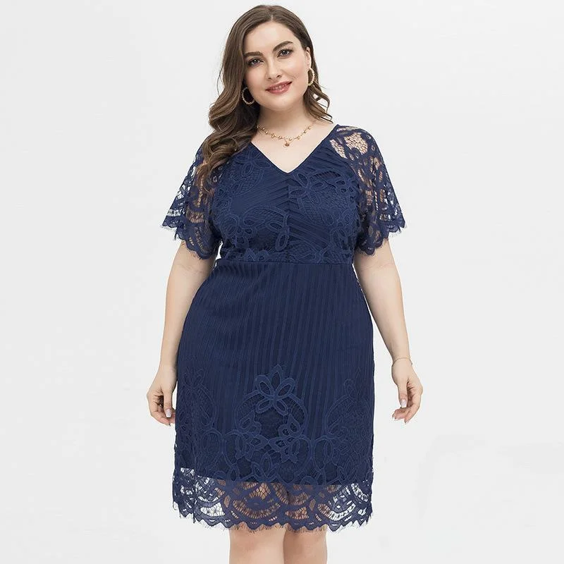 NiDELL Plump Girls plus Size Women's Clothing . Summer Dress Lace Hollow out European and American Women's Clothing Temperament Hip Skirt Cross-Border Foreign Trade