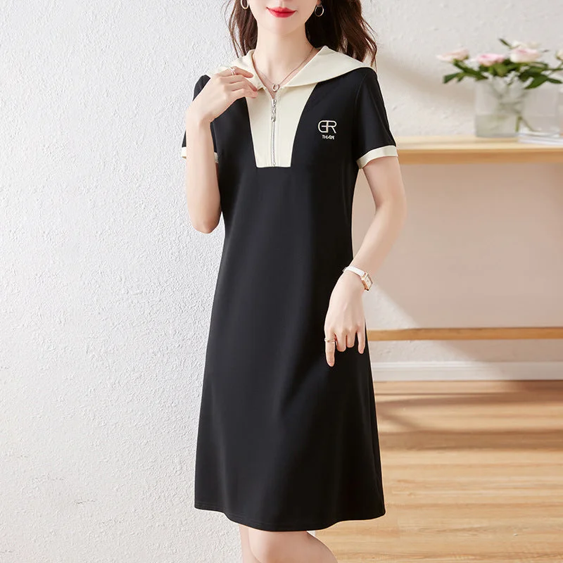 NiDELL Polo Collar Short-Sleeved Dress Women's Lapel Color Matching T-shirt Skirt . New Black Temperament Leisure Loose A- line Skirt