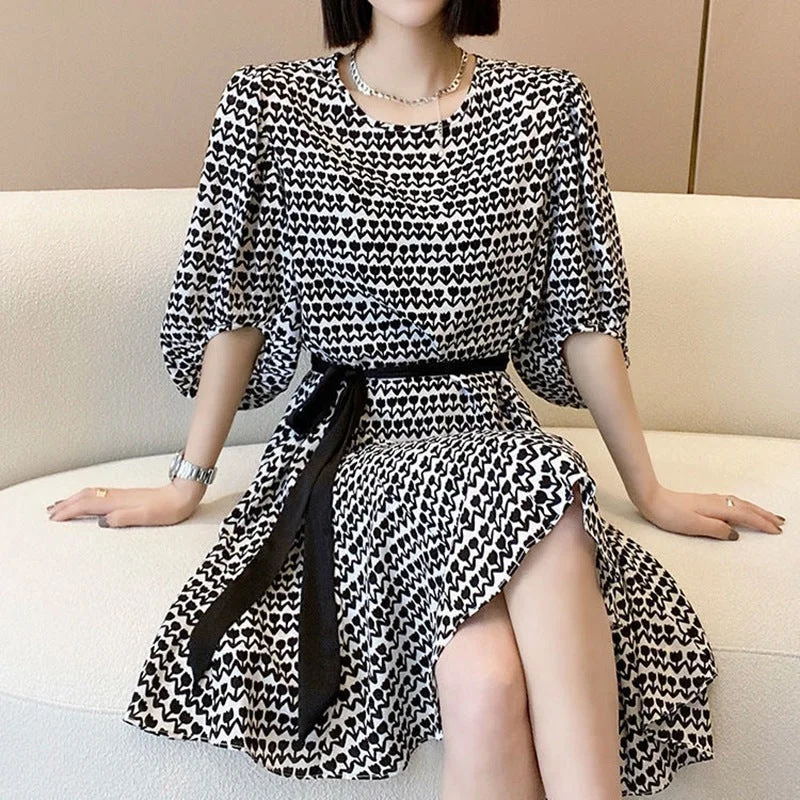 NiDELL . Summer New French Floral Bubble Sleeve Chiffon Dress for Women European Goods Fashionable Texture Slimming Lace-up Dress