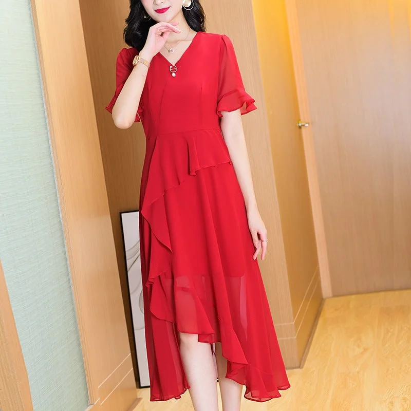 NiDELL Taiwan Yarn Chiffon Dress . New Red Summer Temperament Goddess Style V-neck Black Irregular Mid-Length