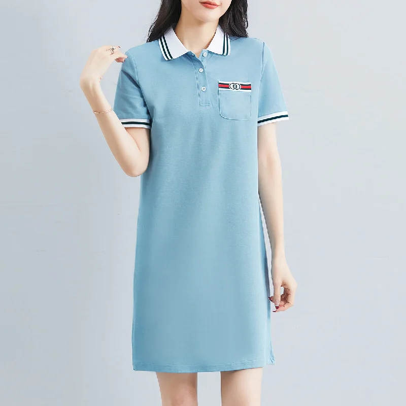 NiDELL Women's Short-Sleeved Dress Summer . New Polo Collar Casual Sports Skirt Fashion Polo Collar Mid-Length Dress