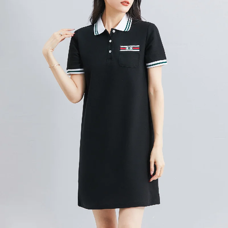 NiDELL Women's Short-Sleeved Dress Summer . New Polo Collar Casual Sports Skirt Fashion Polo Collar Mid-Length Dress