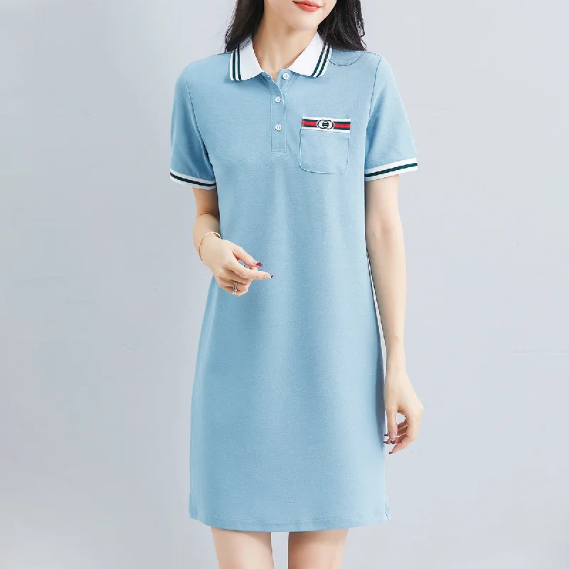 NiDELL Women's Short-Sleeved Dress Summer . New Polo Collar Casual Sports Skirt Fashion Polo Collar Mid-Length Dress