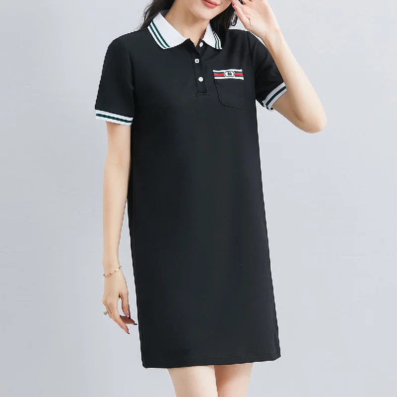 NiDELL Women's Short-Sleeved Dress Summer . New Polo Collar Casual Sports Skirt Fashion Polo Collar Mid-Length Dress