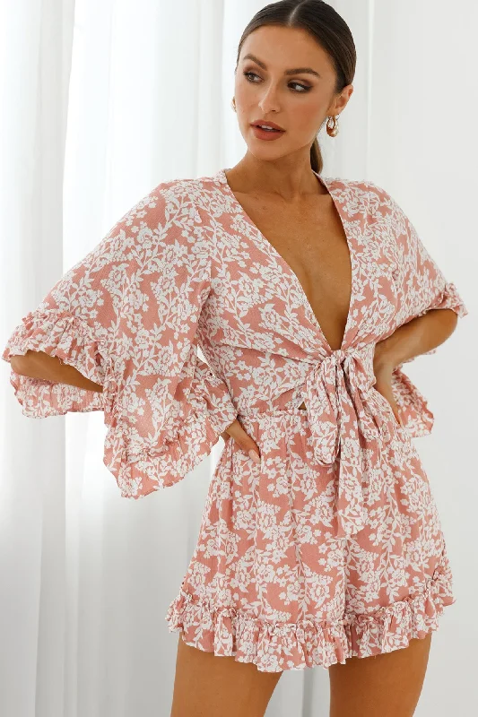 Athira Tied Bust Flared Sleeve Romper Floral Stencil Print Pink