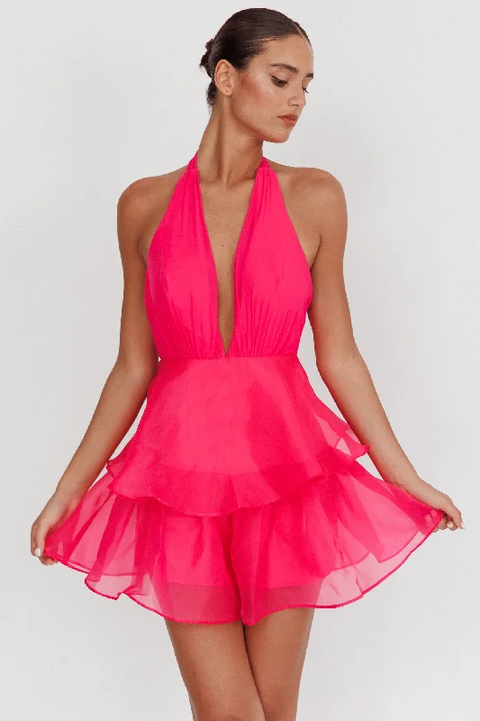 Behati Tiered Ruffles Halter Neck Romper Rose