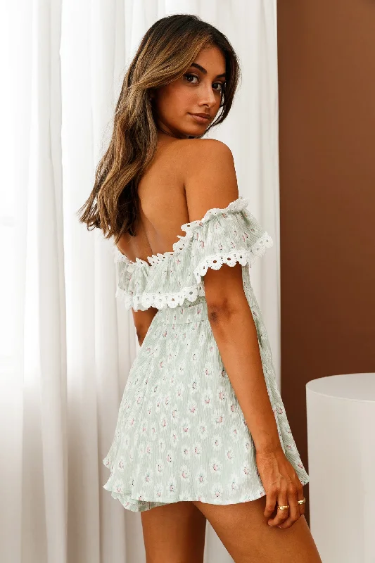 Jalisco Off-Shoulder Waist Tie Romper Floral Print Sage/White