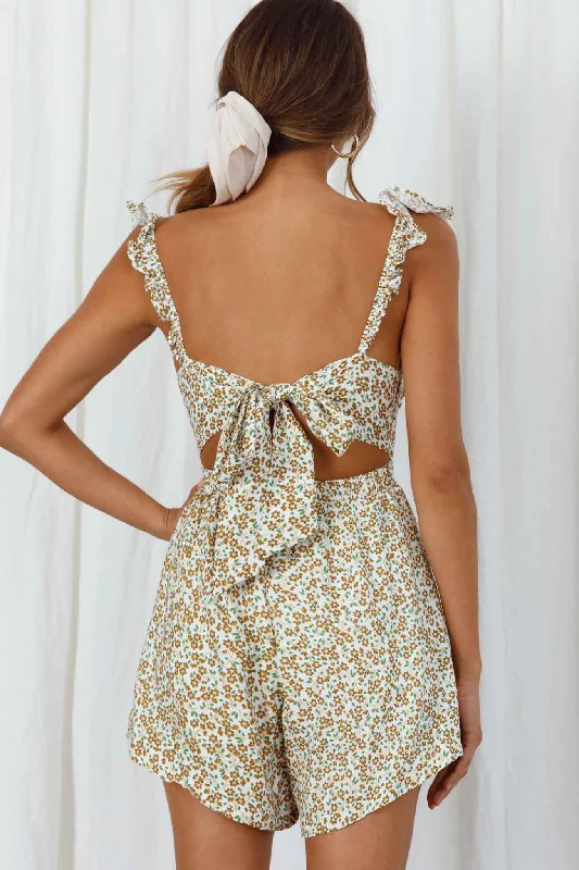 Lazy Sunday Frill Strap Tie-Up Back Romper Floral Print White