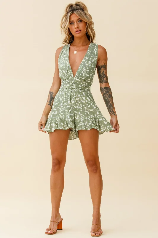 Playa Vista Halterneck Frill Hem Romper Floral Print Olive