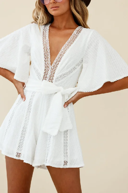 Revival Bell Sleeve Crochet Insert Romper White