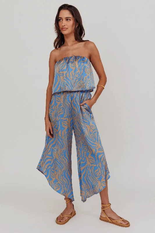 Tongue Tied Printed Strapless Jumpsuit Blue