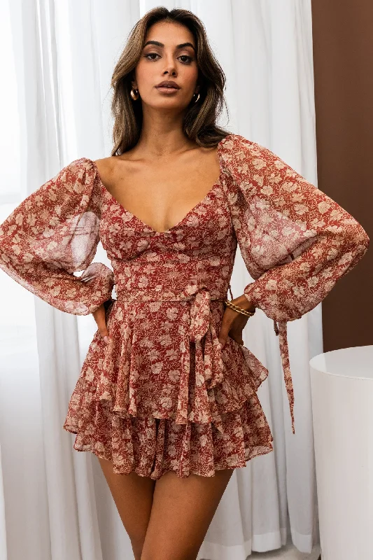 True Love Long Balloon Sleeve Layered Flounce Romper Floral Print Wine