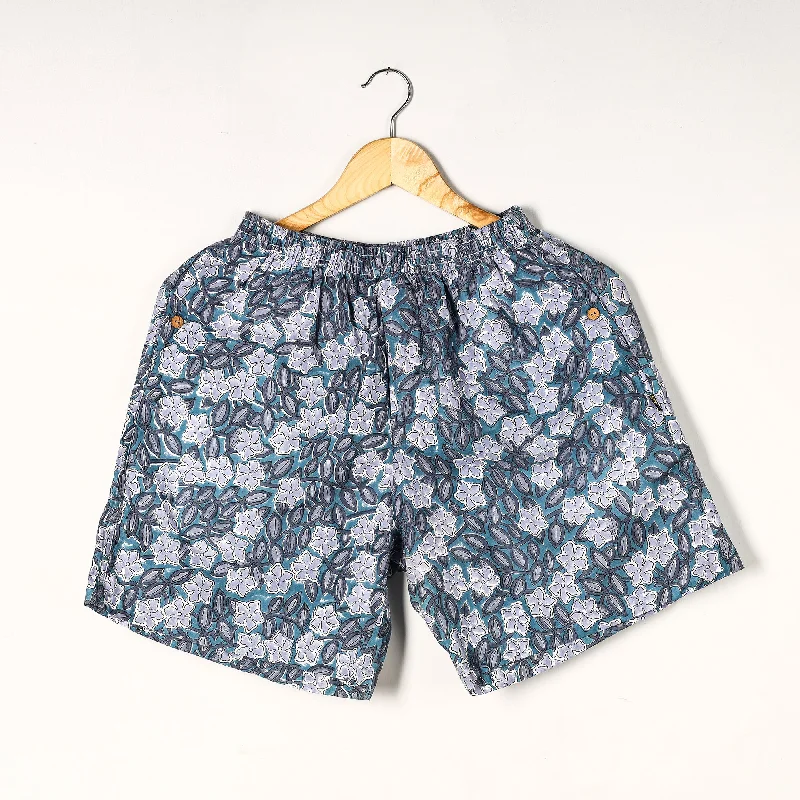 Blue - Sanganeri Block Printed Cotton Unisex Boxer/Shorts