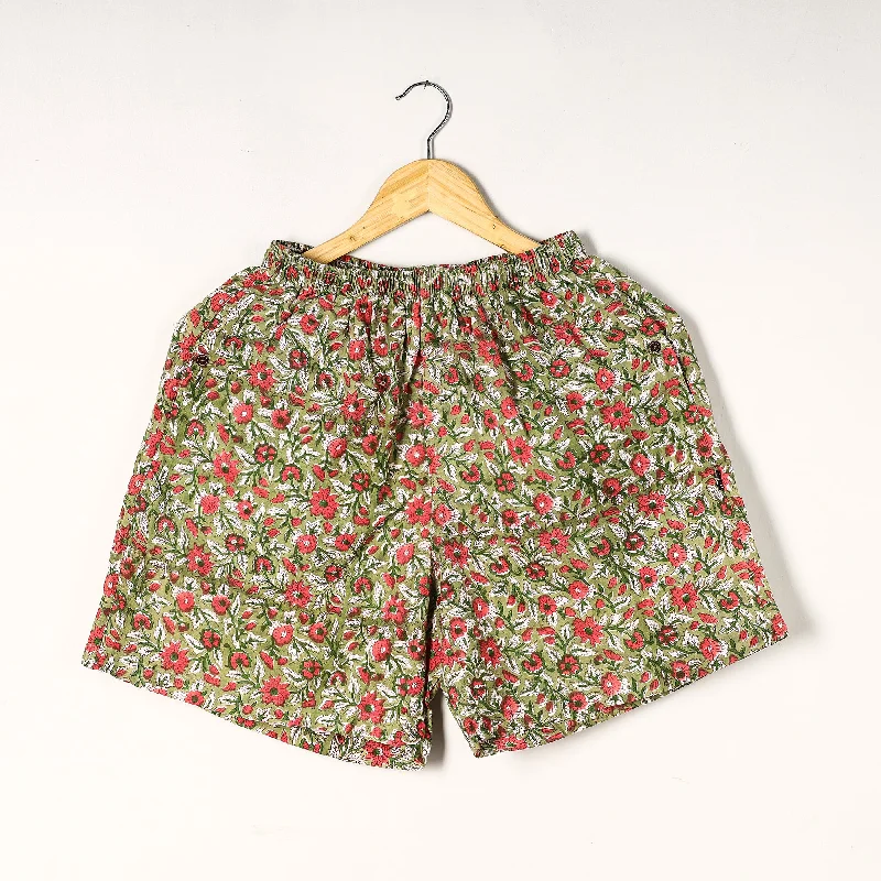 Green - Sanganeri Block Printed Cotton Unisex Boxer/Shorts