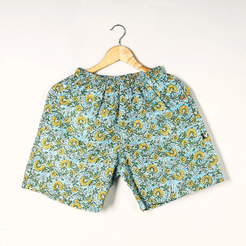 Blue - Sanganeri Block Printed Cotton Unisex Boxer/Shorts