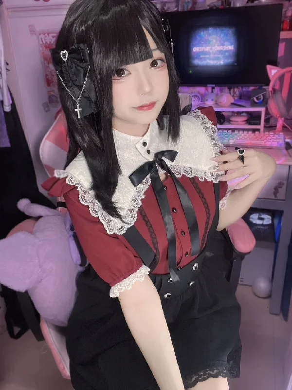 (BFM)Underground Idol World~Jirai Kei Square Stand Collar Ribbon Blouse Heart Buckle Skirt Set