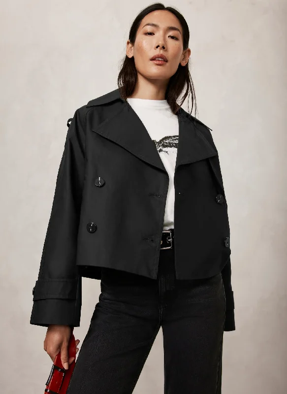 Black Cotton Cropped Trench Coat