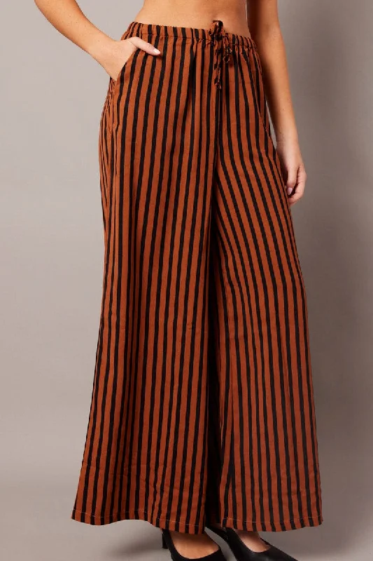 Brown Stripe Wide Leg Pants High Rise