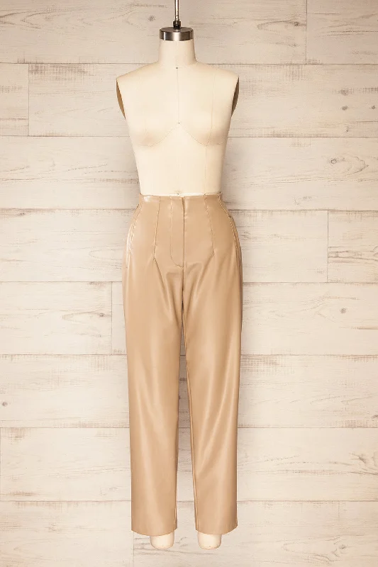 Cefalu Beige | Faux Leather High-Waisted Pants