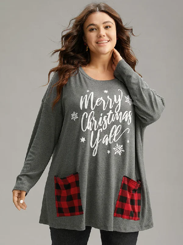 Christmas Letter Plaid Patchwork Pocket T-shirt