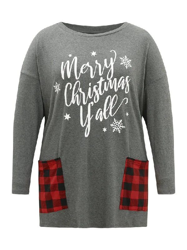 christmas-letter-plaid-patchwork-pocket-t-shirt