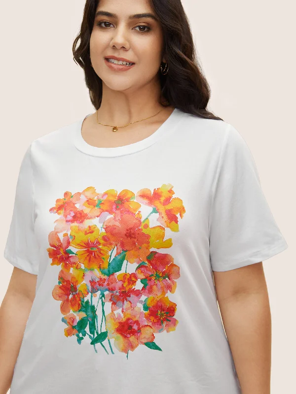 Cotton Crew Neck Flower Print T-shirt