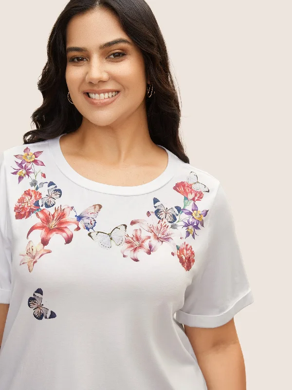 Cotton Natural Flowers Print Round Neck T-shirt