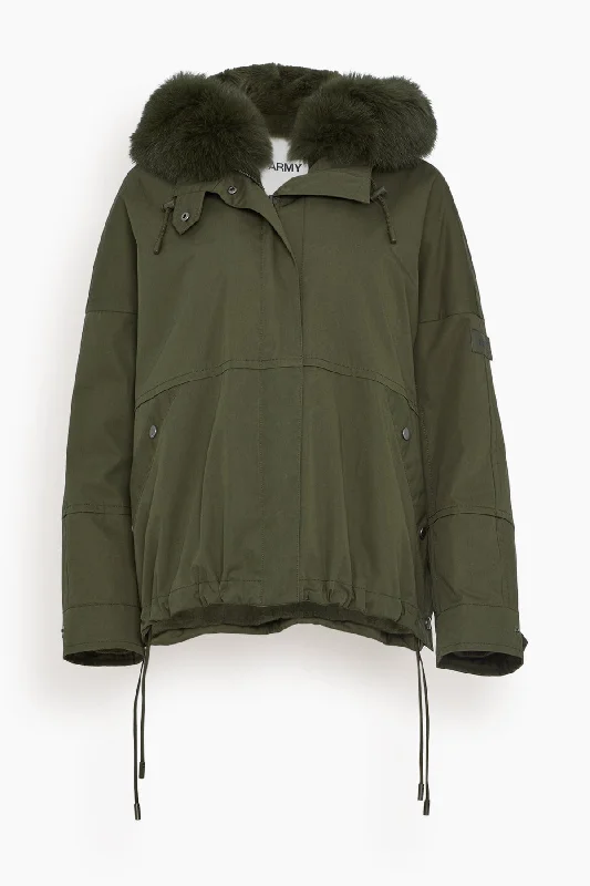 Cotton Parka Coat with Rabbit/Fox Trim in Hunter Green