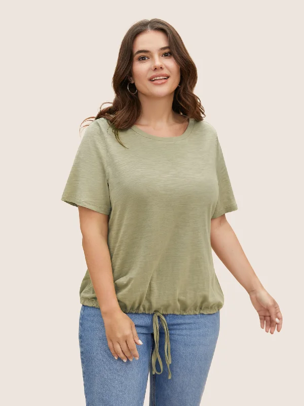 Cotton Round Neck Drawstring Medium Stretch T-shirt