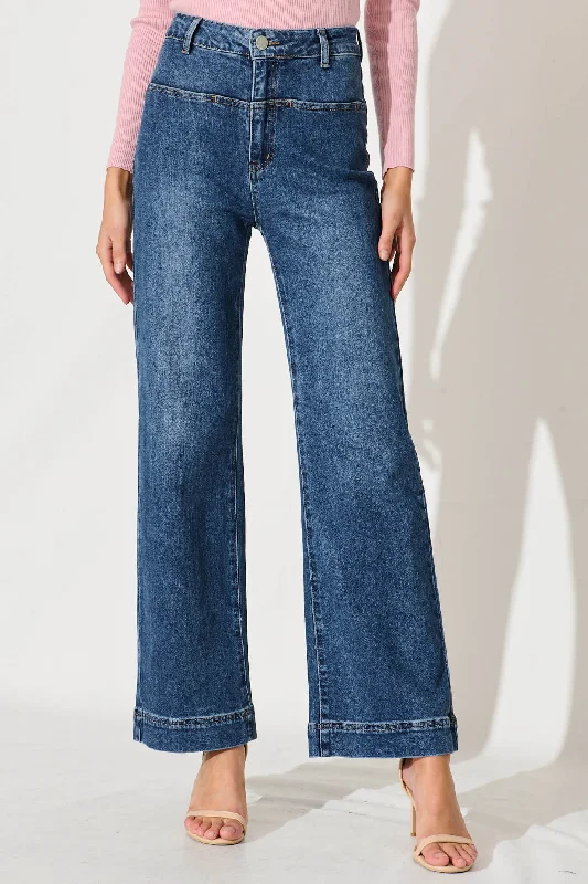 Ella High Rise Relaxed Leg Jean In Mid Blue Denim