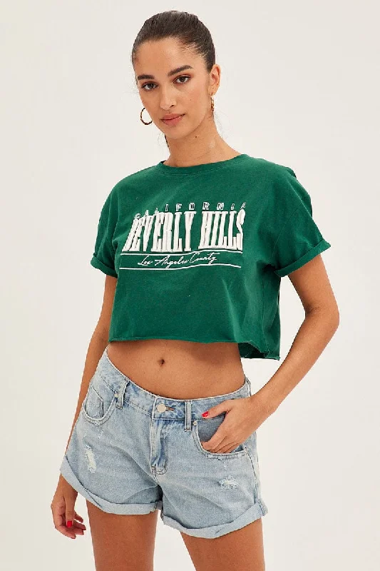 Green Graphic T Shirt Short Sleeve Round Neck Crop