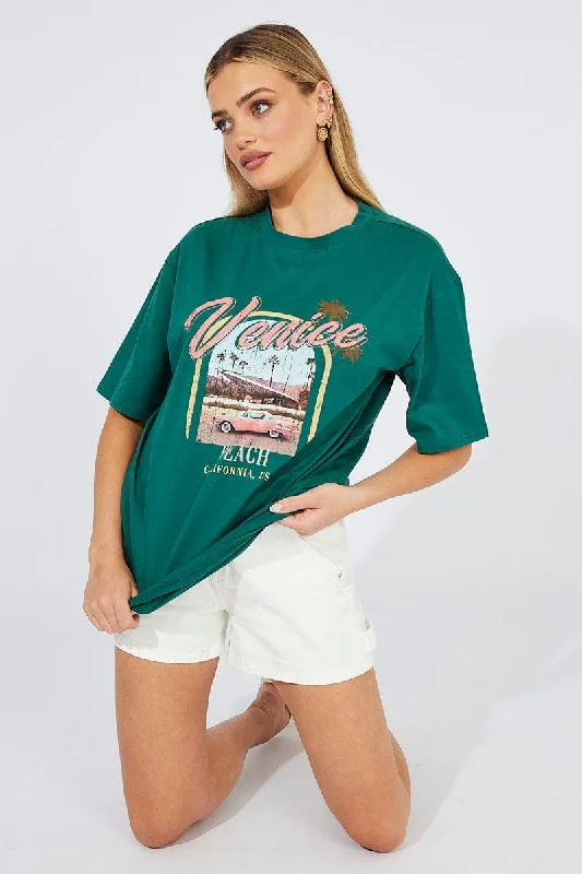 Green T Shirt Short Sleeve Crew Neck Venice Beach Cotton